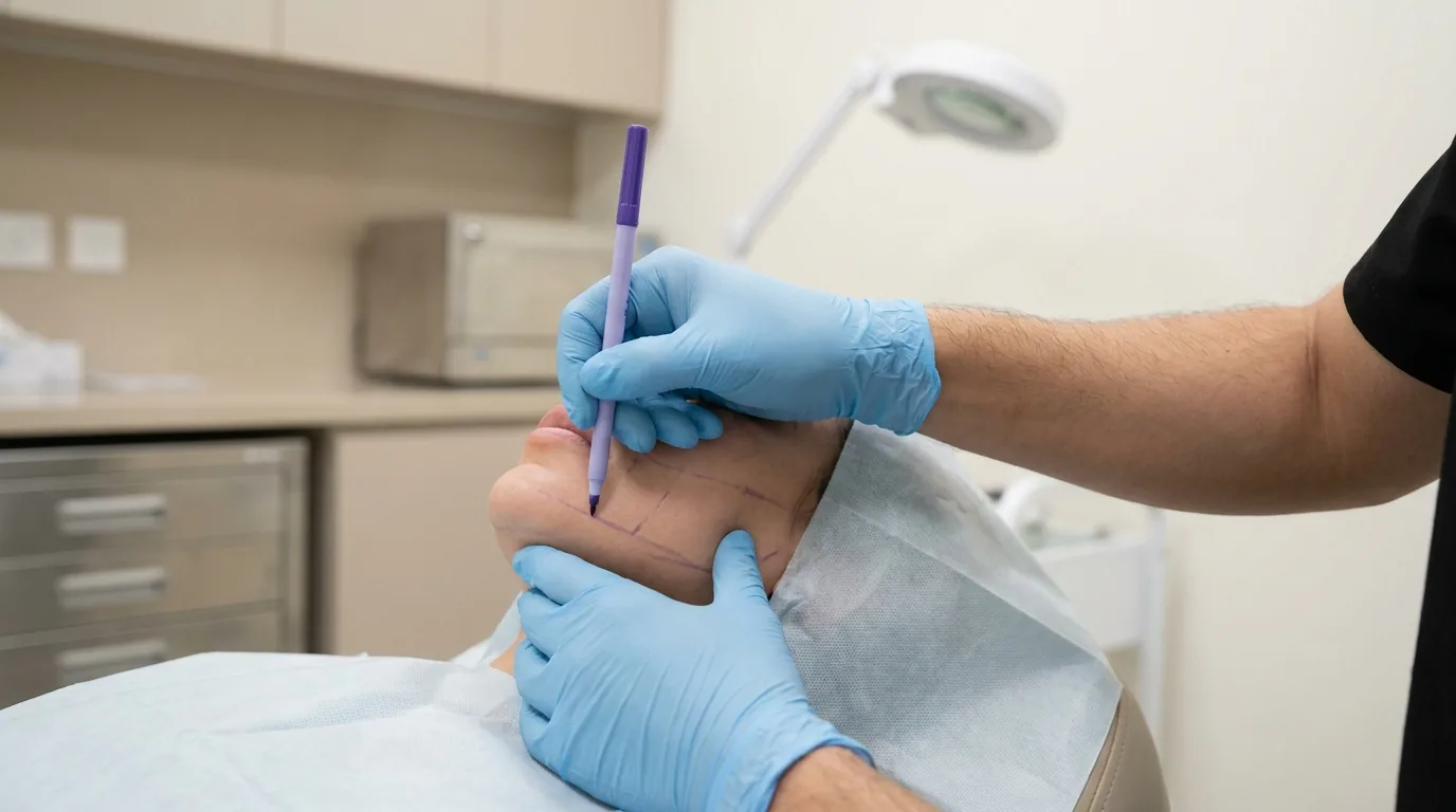 surgeon marking facial assessment lines on a patient during a cosmetic surgery consultation in a Dubai clinic
