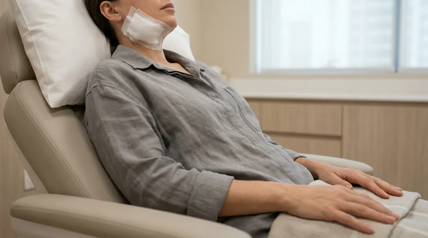 patient resting with a light dressing after facial surgery in a clean recovery room at a Dubai clinic