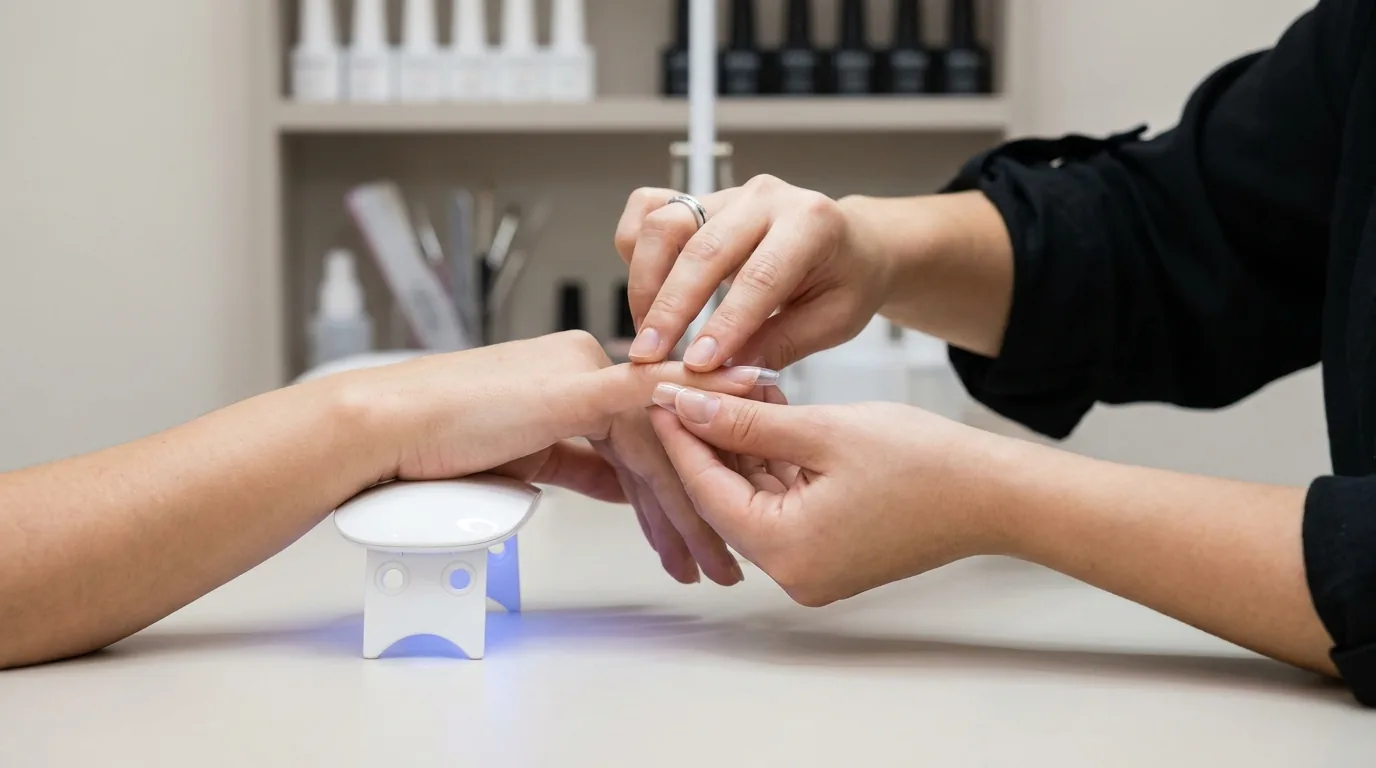 gel-x nails being applied: technician bonding a full-coverage soft gel tip to a client nail under an led lamp