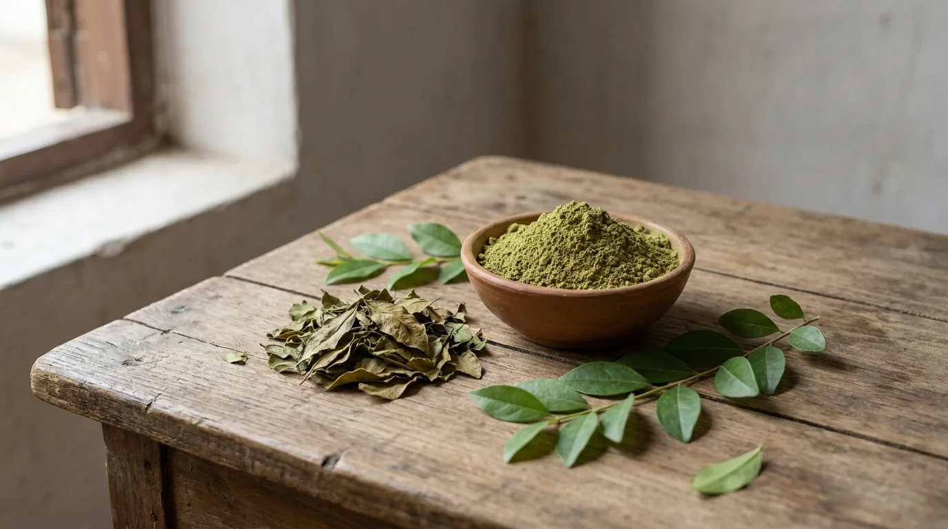 dried henna leaves and green henna powder ground for natural paste