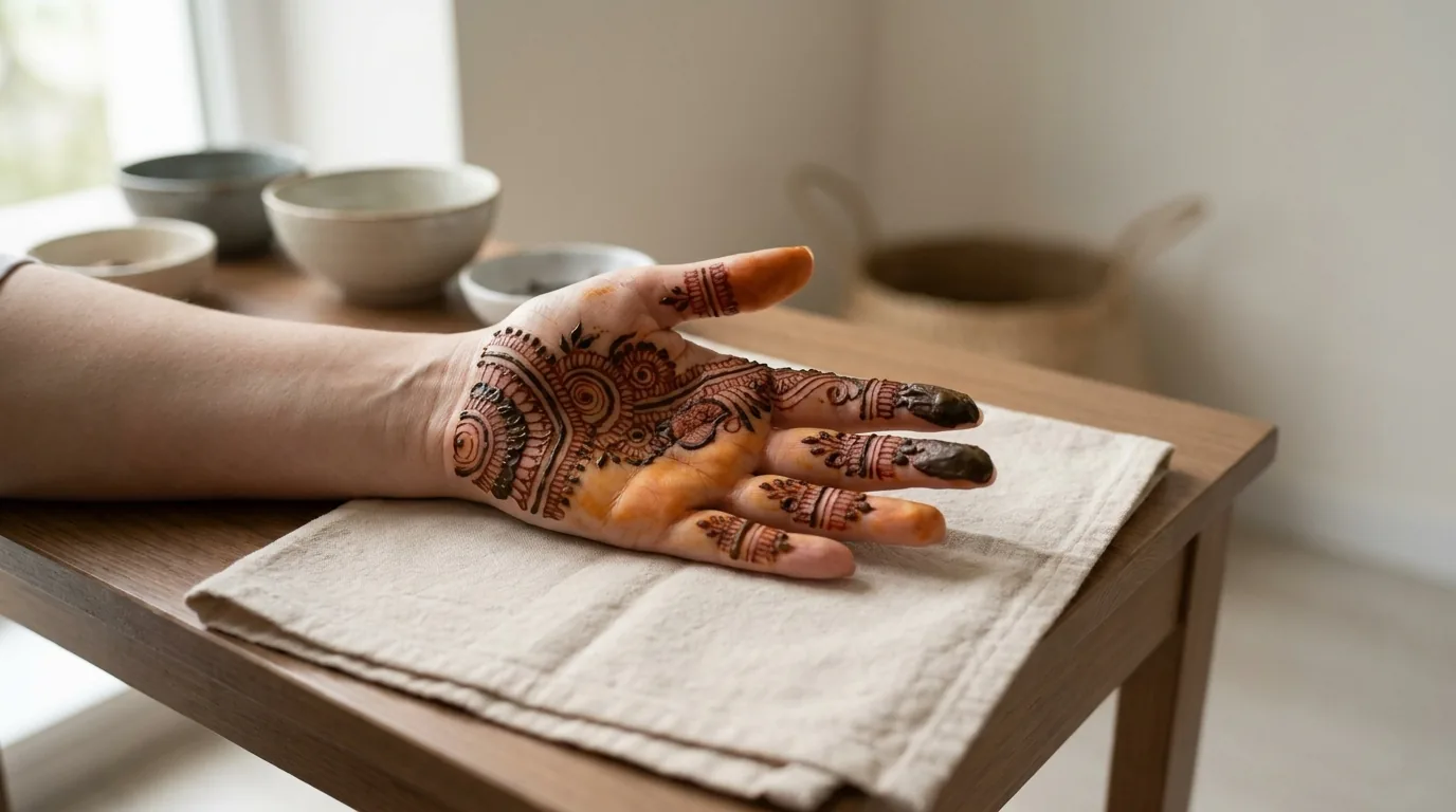henna paste piped onto a hand in a detailed bridal design in Dubai
