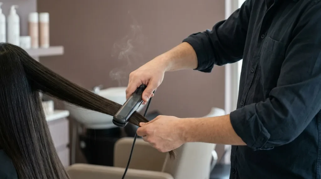 what is keratin treatment: a stylist passing a hot flat iron through smooth dark hair during a salon keratin smoothing session