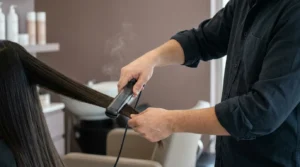 what is keratin treatment: a stylist passing a hot flat iron through smooth dark hair during a salon keratin smoothing session