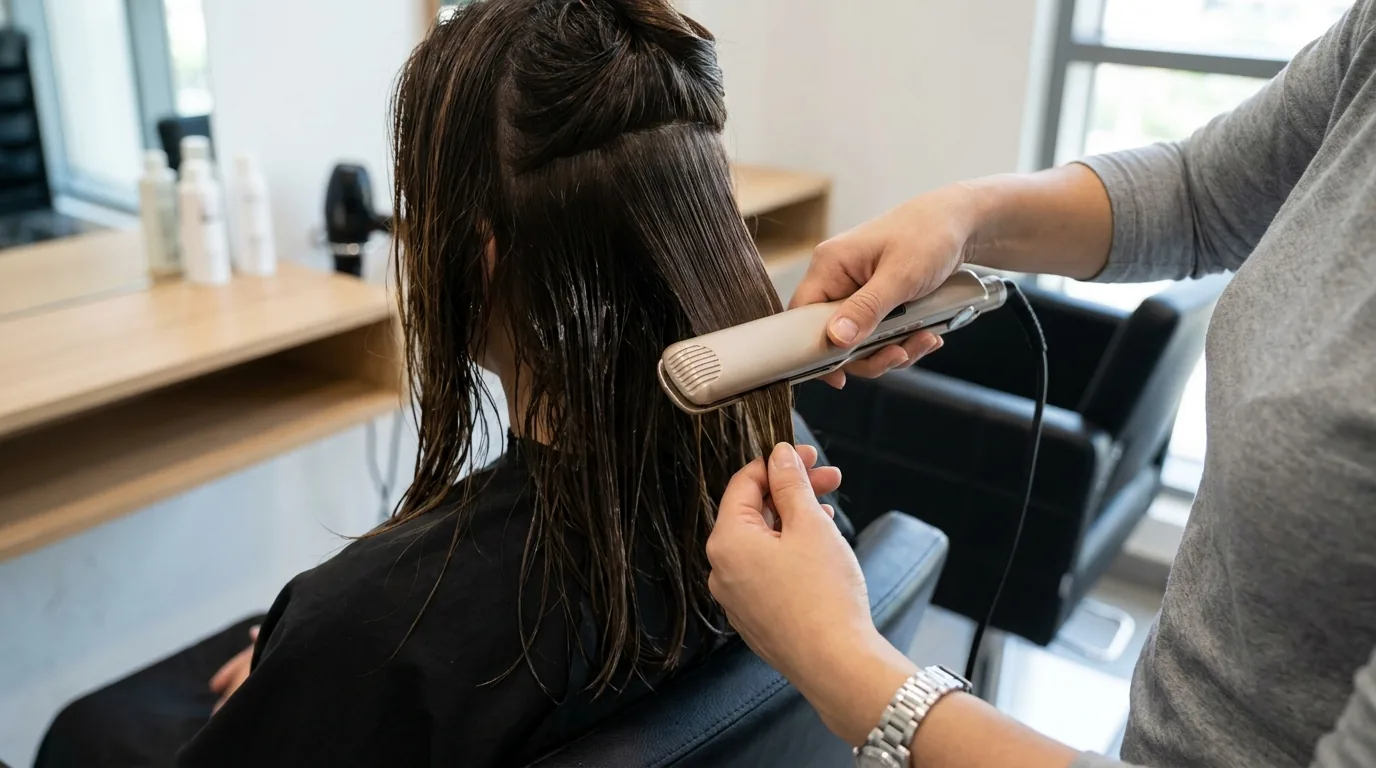 keratin treatment in progress: stylist passing a hot flat iron through smoothed hair section in a dubai salon