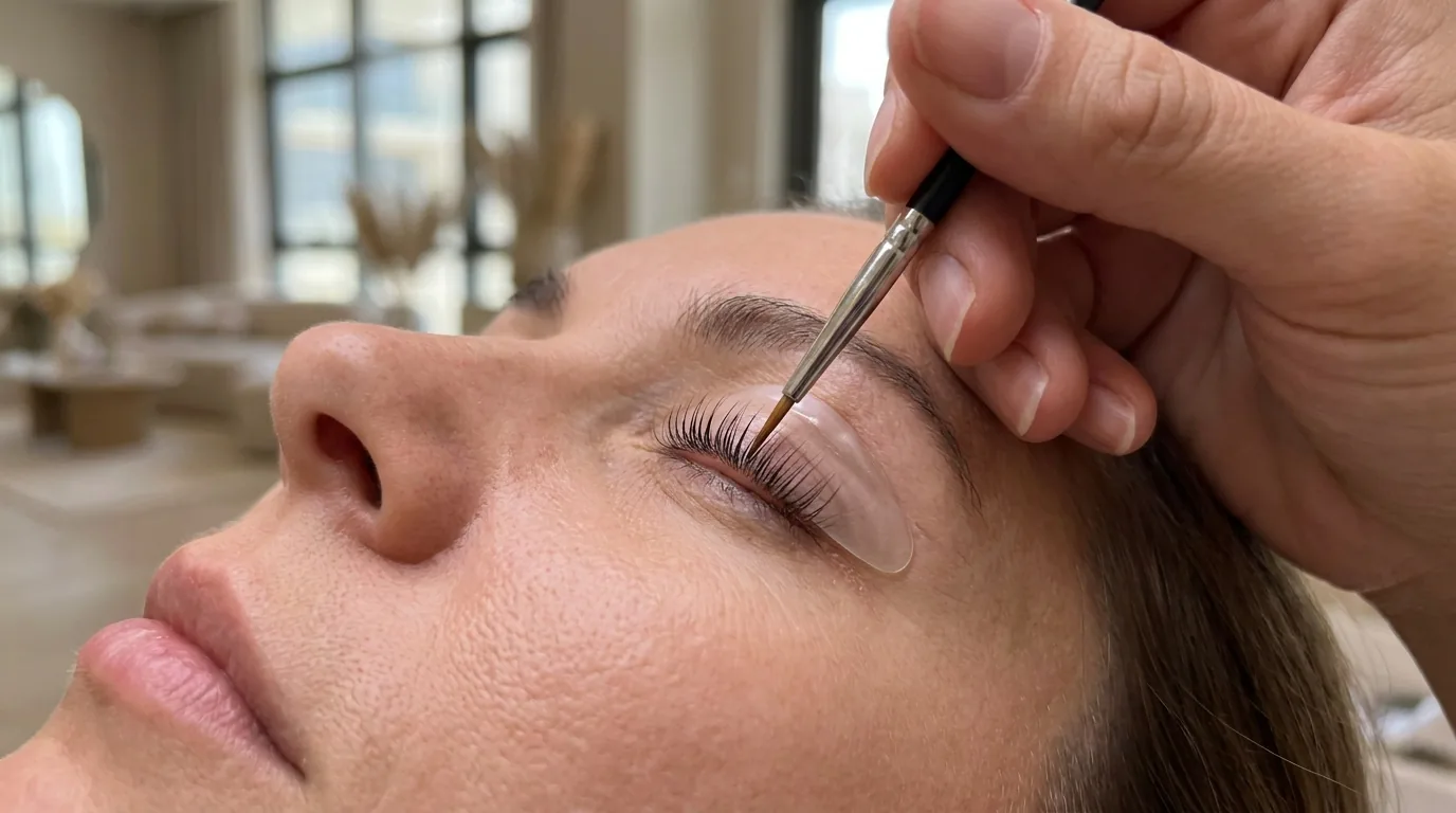 what is lvl lash lift inline 1 lvl lash lift treatment in progress with lashes set on a silicone shield at a dubai lash studio