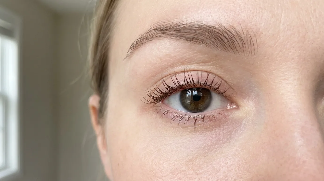 what is lvl lash lift inline 2 close-up of lifted and tinted natural lashes after a lash lift and tint showing an open-eyed result