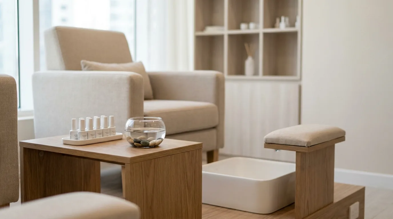 manicure and pedicure station at a Dubai nail salon with gel polish and a hand soak bowl
