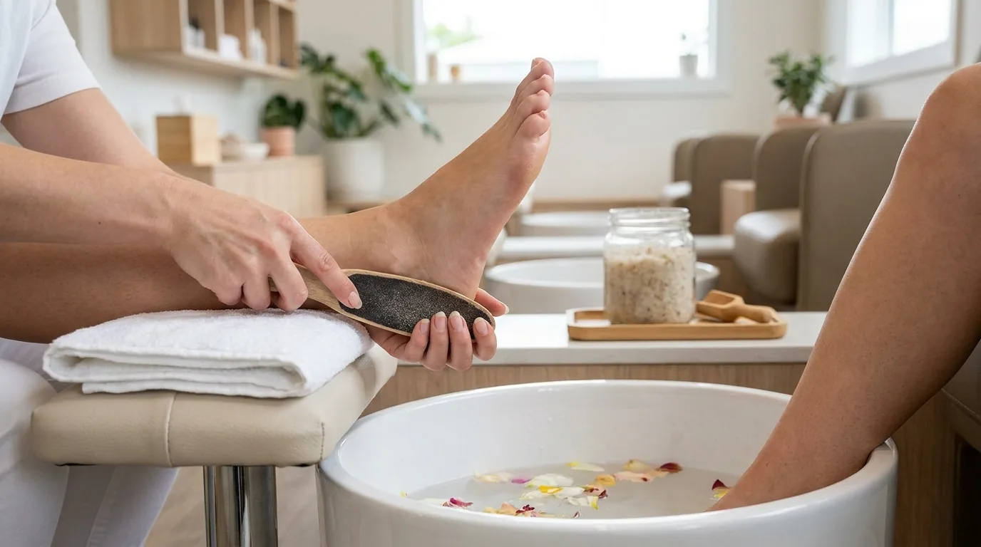 pedicure in progress at a Dubai salon with callus file and exfoliation scrub on a foot soak
