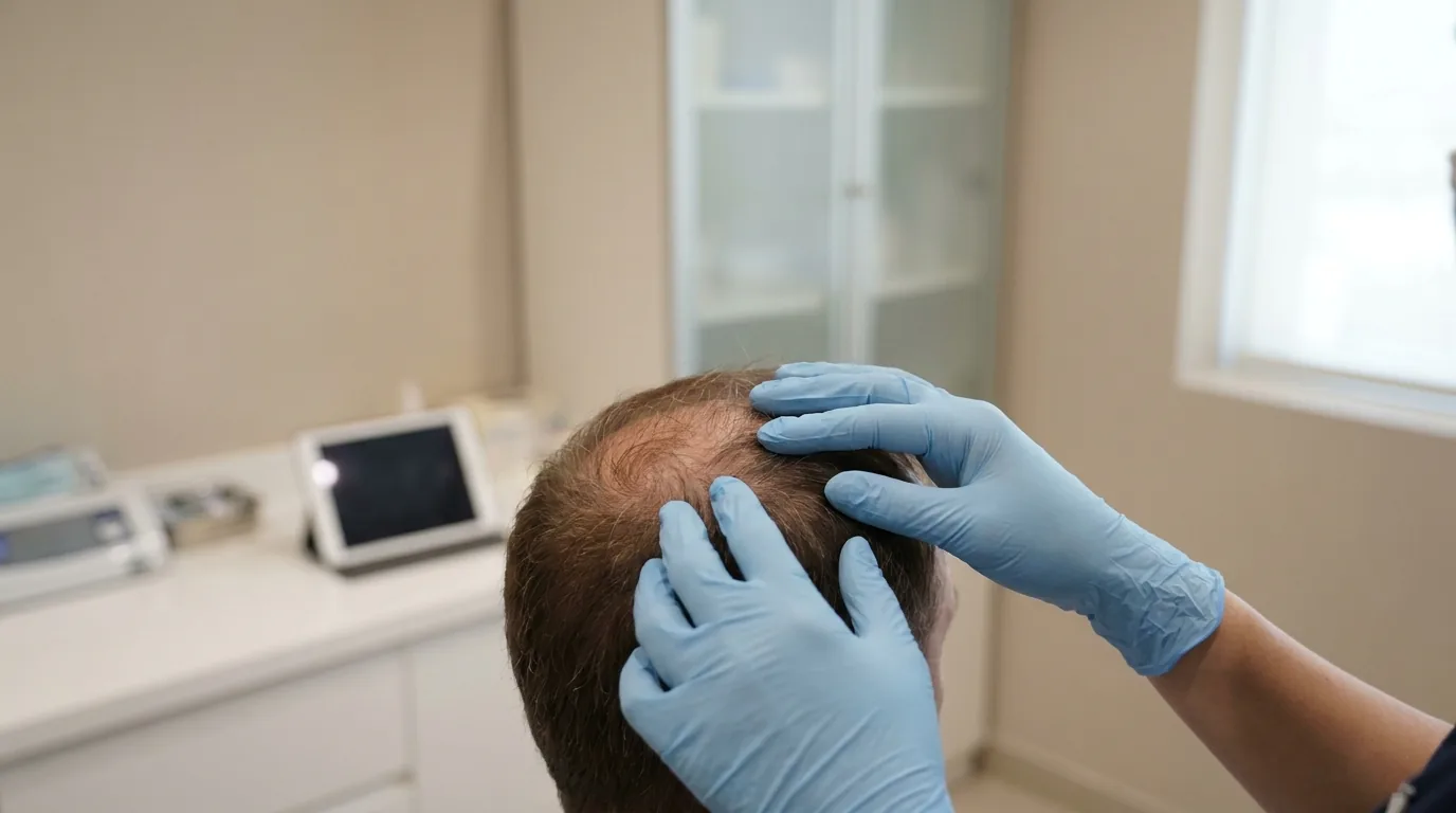 prp hair treatment dubai consultation: clinician reviewing a scalp before injections in a clinic room