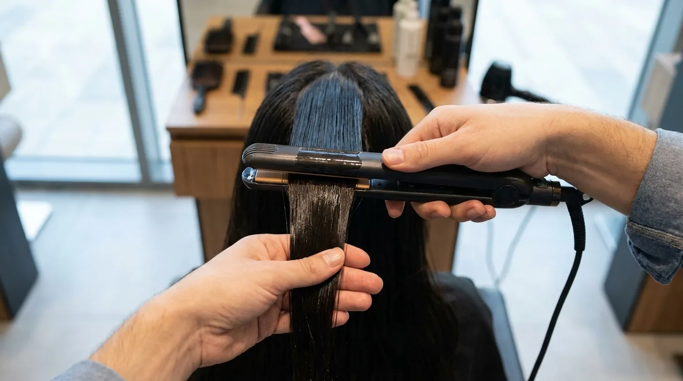what is the difference between keratin and protein treatment inline 1 keratin treatment in dubai salon: stylist sealing smoothed hair with a flat iron at high heat