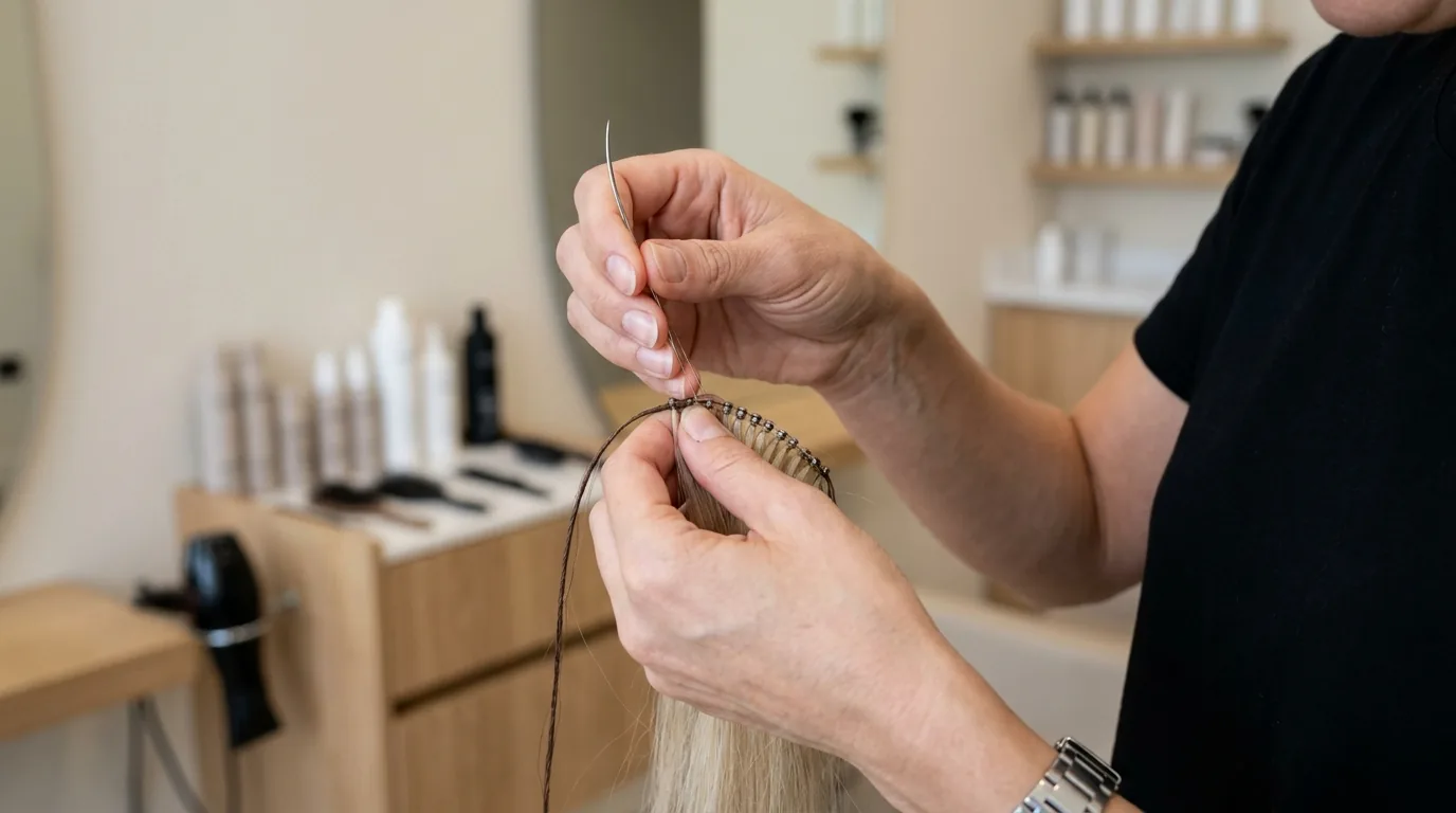 hand-tied weft extensions for fine hair being beaded in a dubai salon