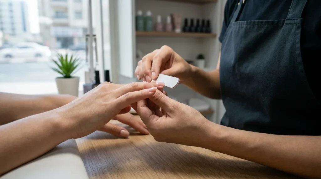 which is better gel or acrylic nails: nail technician shaping a client glossy manicure at a dubai nail salon