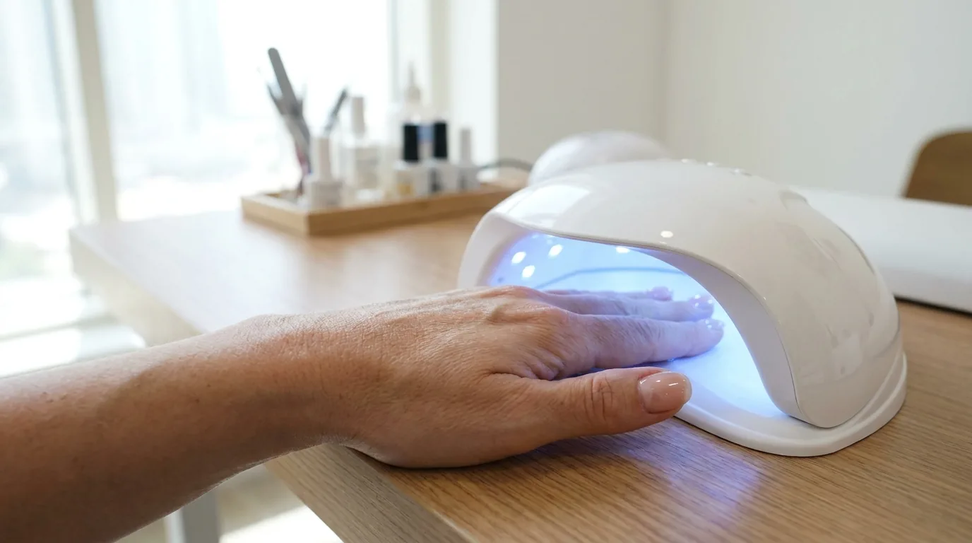 gel vs acrylic nails comparison: technician applying gel polish under a uv lamp at a dubai nail salon