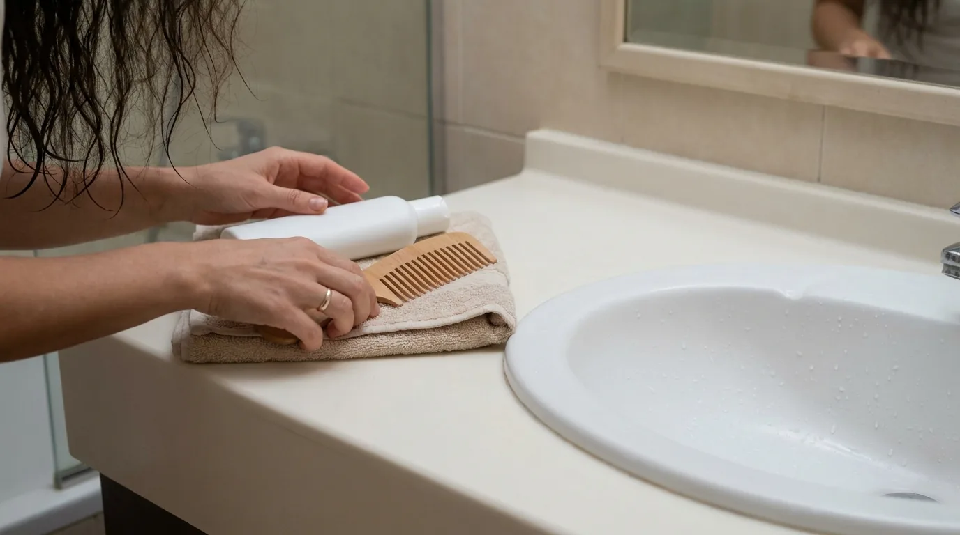 best shampoo for dry frizzy hair inline 1 dry frizzy hair washed at a Dubai bathroom basin with sulfate free shampoo and a wide tooth comb on the counter