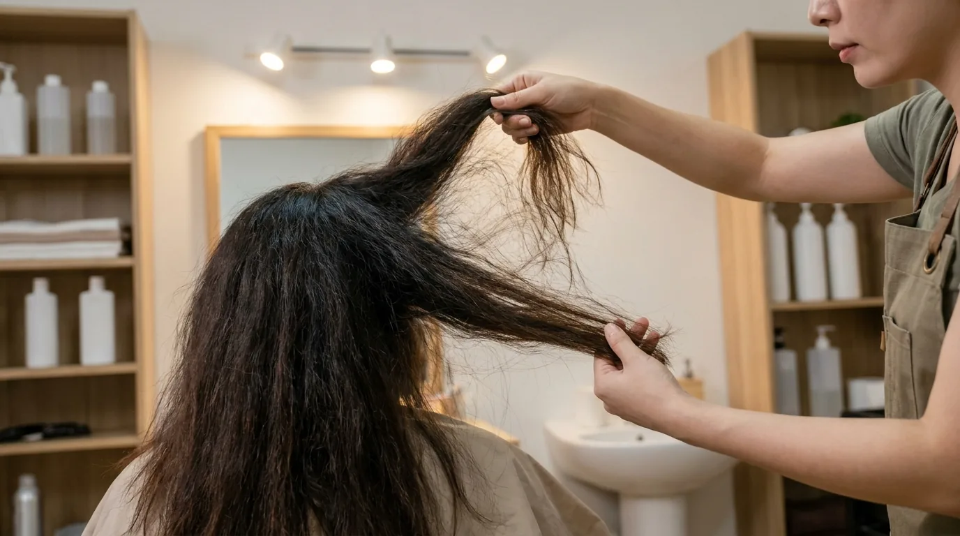 best shampoo for dry frizzy hair inline 2 stylist checking dry frizzy hair lengths under salon light before recommending a smoothing treatment