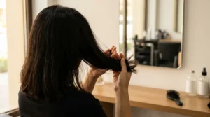 damage hair care: woman inspecting the frayed ends of long dark hair at a Dubai salon styling station