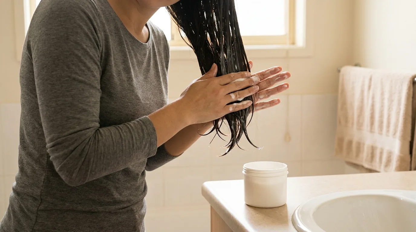 deep conditioning mask worked through the mid lengths of wet hair as part of a damage hair care routine