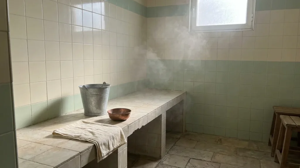 hammam dubai cheap: modest neighbourhood hammam room in an older Dubai district with a tiled washing bench, metal bucket and copper bowl in warm steam