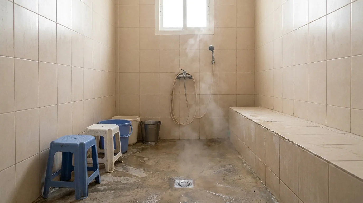 hammam dubai cheap inline 1 Moroccan bath and hammam room in a modest Deira neighbourhood salon with tiled walls and a simple washing bench