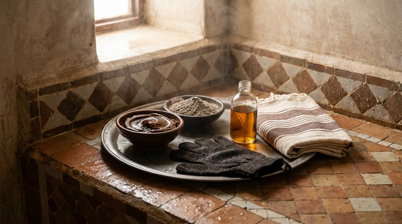 hammam dubai cheap inline 2 black soap, ghassoul clay and a kessa exfoliating glove laid out for a Turkish hammam session in Dubai