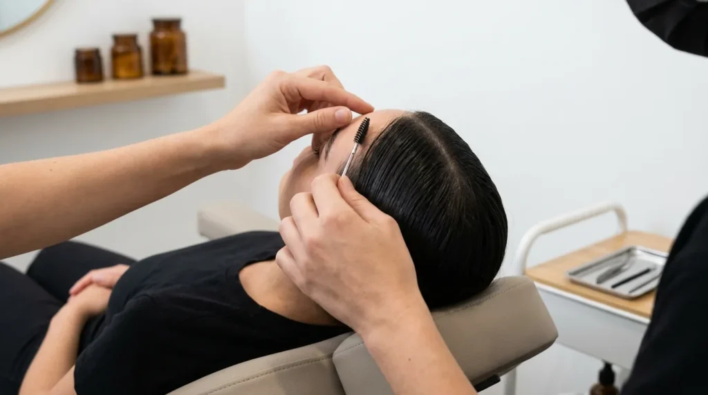 How long does brow lamination take: a technician combs a client's brows into position during a lamination appointment at a Dubai studio