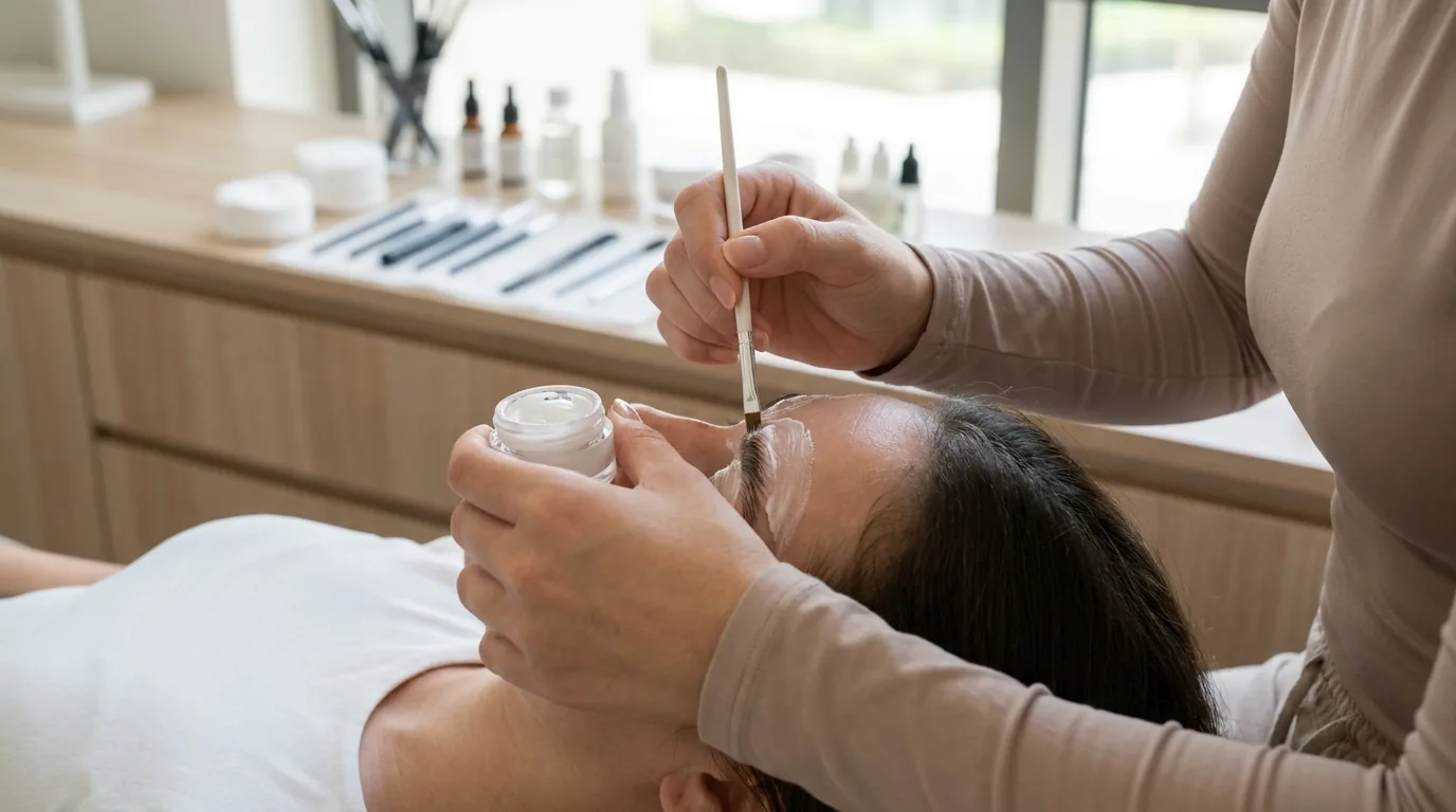how long does brow lamination take inline 1 brow technician applying lifting cream during a brow lamination appointment at a Dubai salon