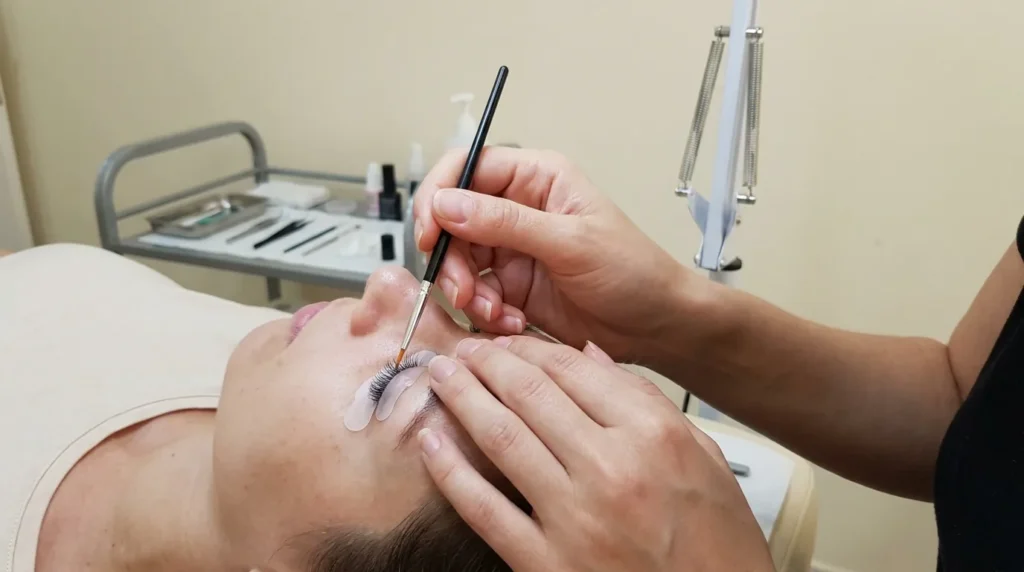 how much does lash lifting cost in Dubai: technician applying lifting lotion over a silicone shield on a client's upper lashes