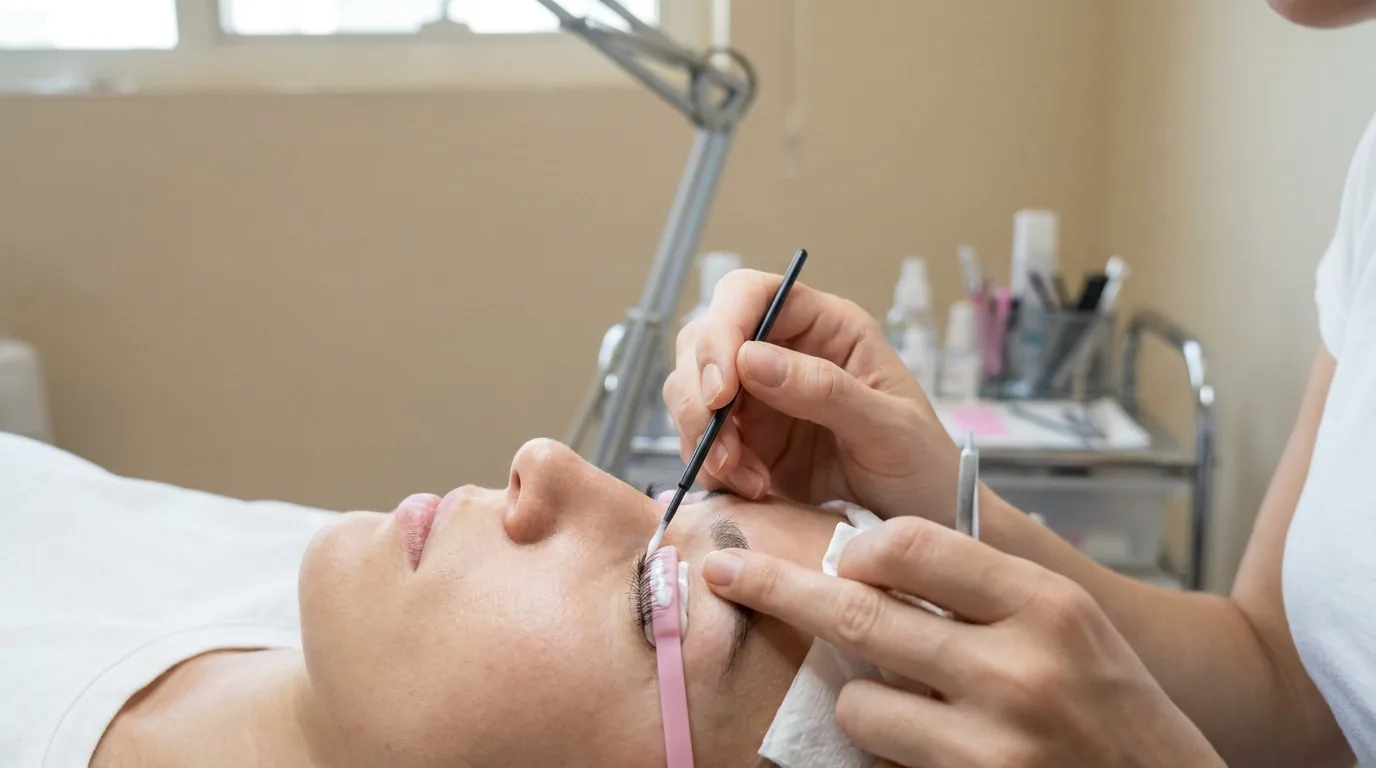 how much does lash lifting cost inline 1 lash lift Dubai price comparison: technician applying lifting lotion over a pink silicone rod on a client's upper lashes