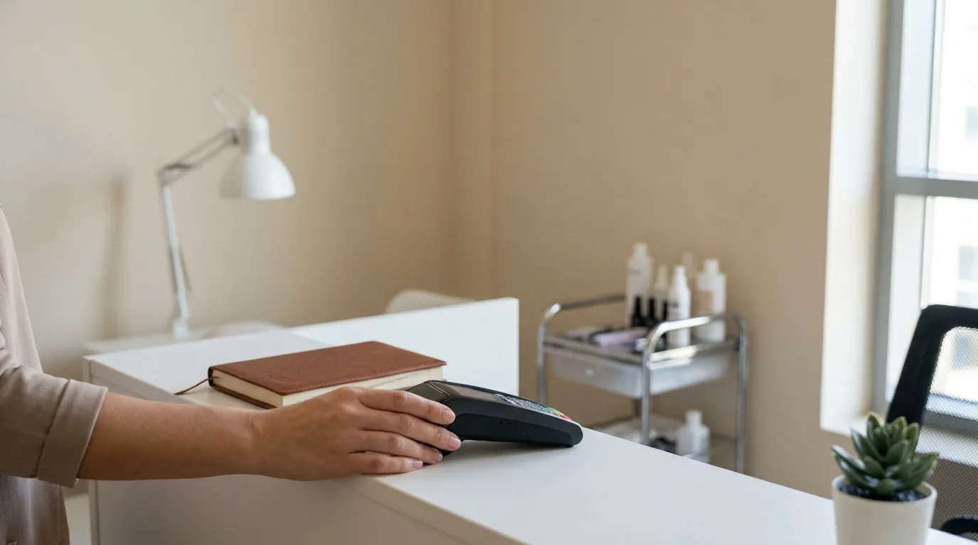 how much does lash lifting cost inline 2 how much is lash lift and tint in Dubai: salon reception counter with a card payment terminal at checkout