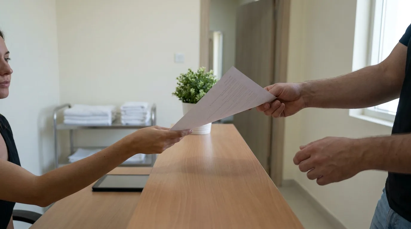 how much is a hydrafacial inline 1 hydrafacial dubai price consultation: therapist reviewing a printed treatment price list with a client at a Dubai skin clinic reception desk