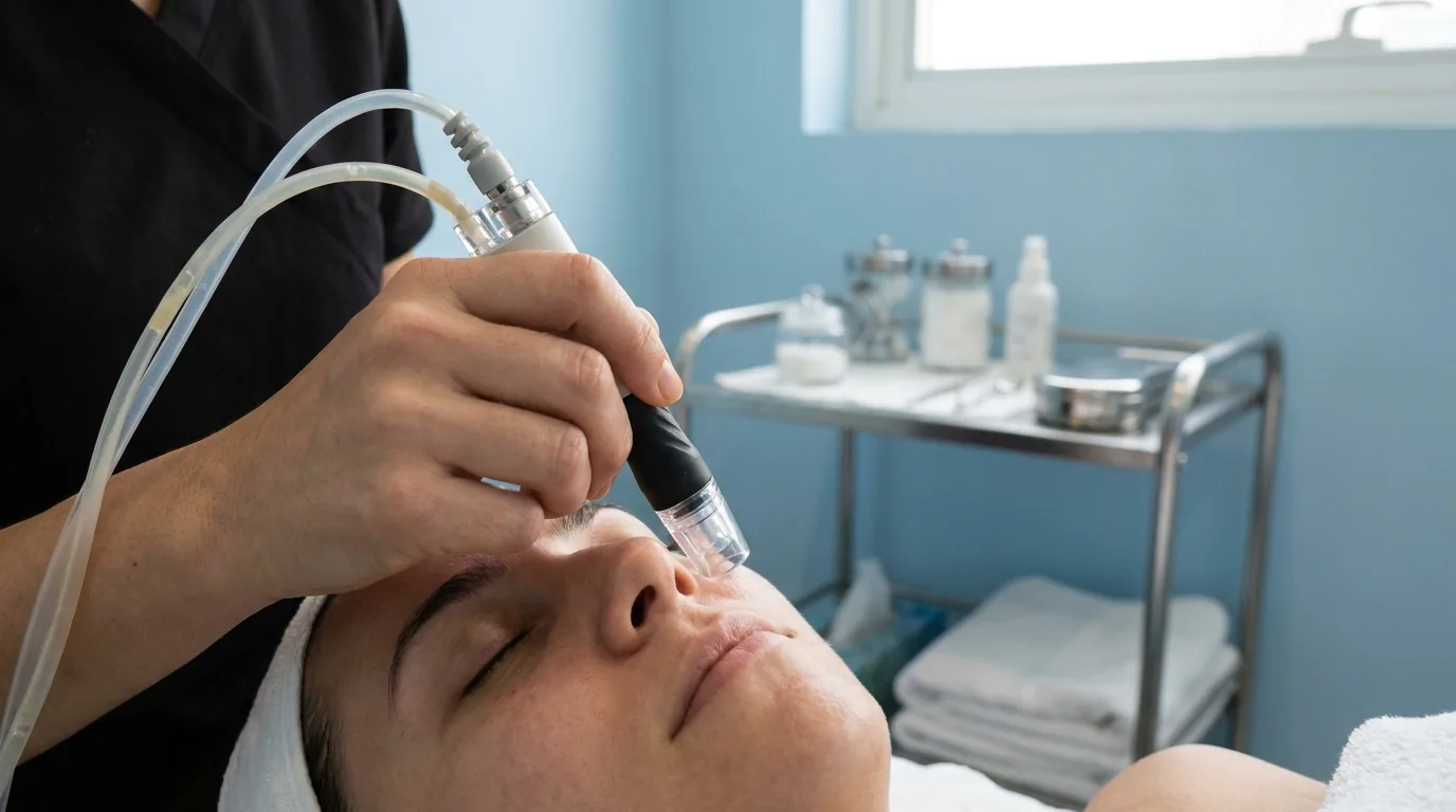 how much is a hydrafacial inline 2 hydrafacial treatment in progress: aesthetician guiding a handheld device across a client's cheek in a practical Dubai treatment room