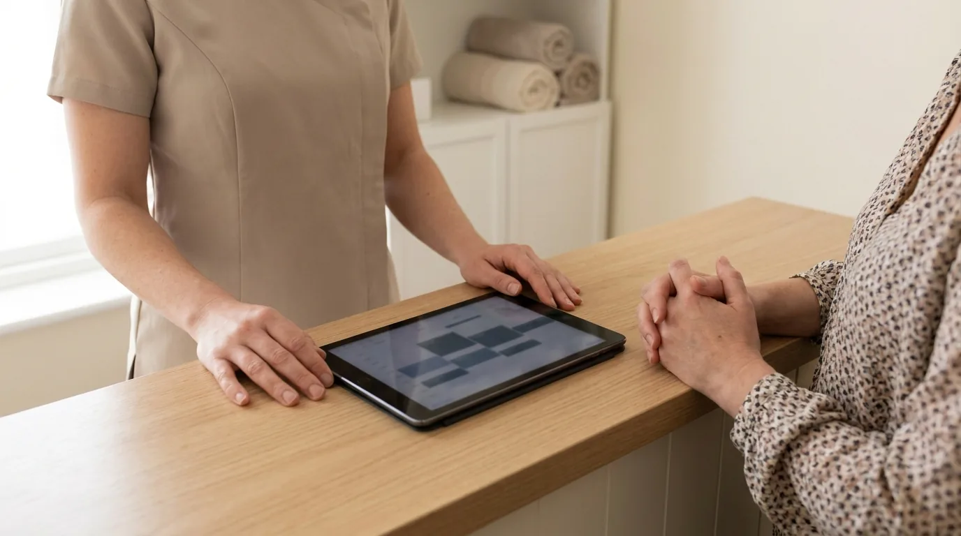 how often can you do hydrafacial inline 2 skin therapist and client reviewing a treatment schedule on a tablet at a dubai skin clinic reception