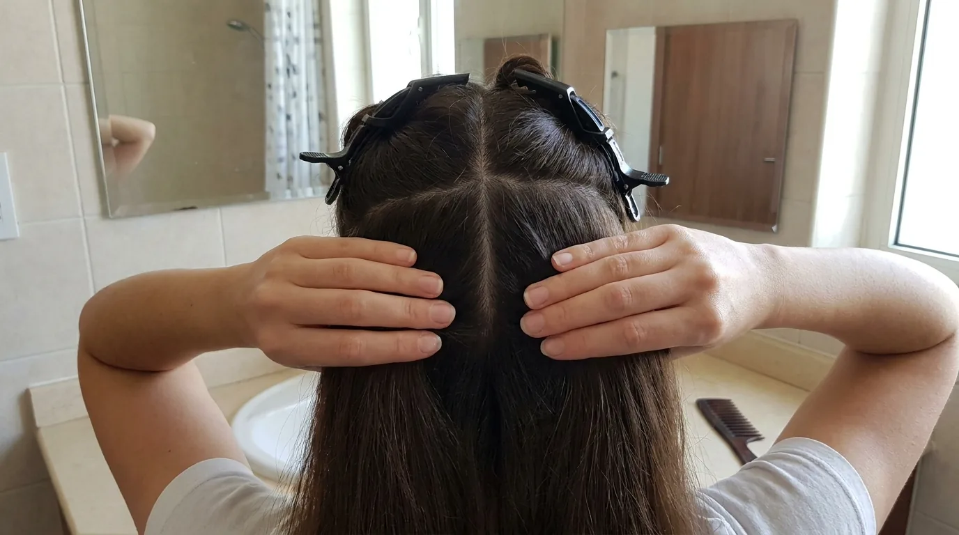 how to color hair at home inline 1 how to color hair at home: gloved hands sectioning dry hair into four quadrants with clips on a bathroom counter