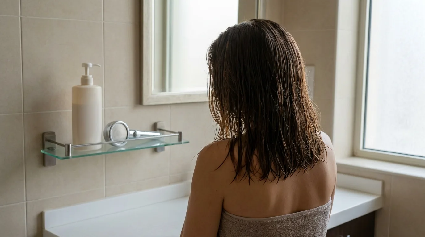 how to color hair at home inline 2 freshly coloured brunette hair drying in natural light beside a shower filter head and an unbranded colour-safe shampoo in a Dubai apartment bathroom