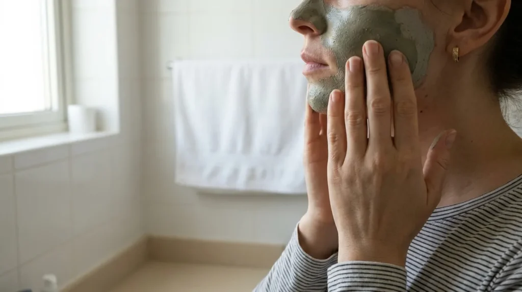 how to do facial at home: woman smoothing a grey clay mask along her cheek and jaw in a plain Dubai apartment bathroom