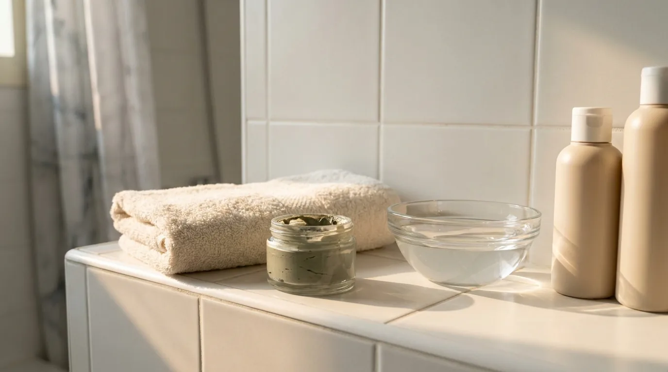 how to do facial at home inline 1 clay mask and warm towel laid out for a facial at home on a bathroom shelf