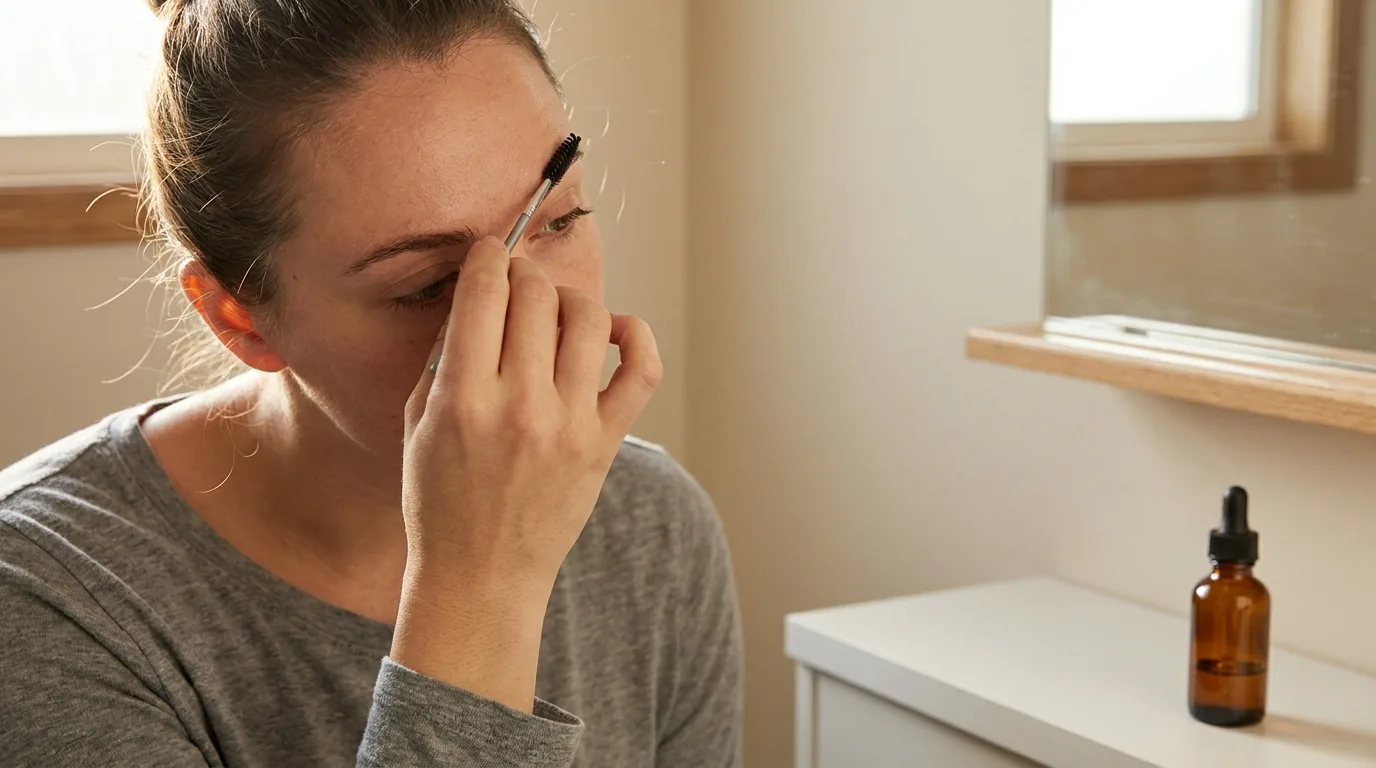 how to maintain brow lamination inline 1 brushing laminated brows upward with a clean spoolie at a bathroom mirror as part of daily brow lamination aftercare