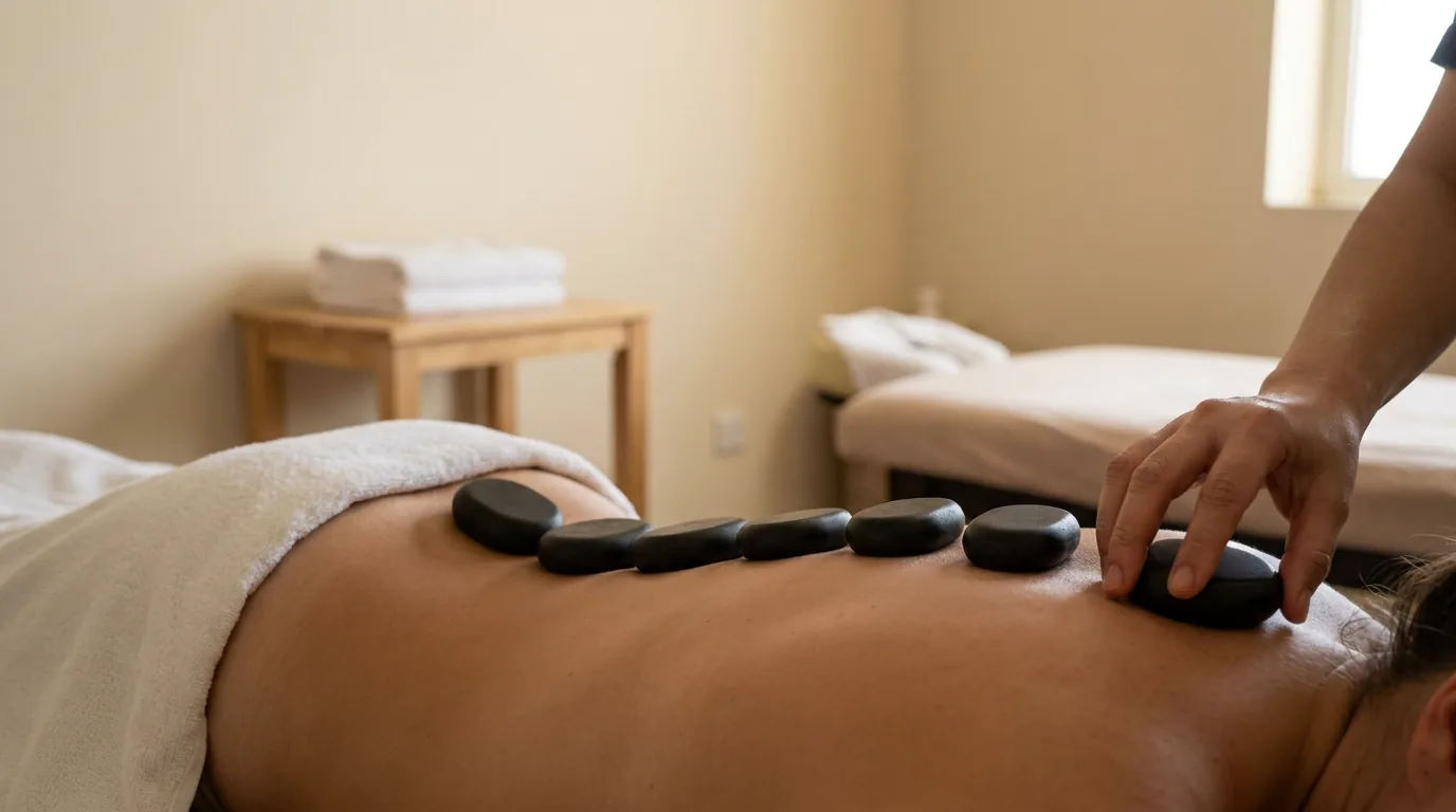 what are the benefits of hot stone massage inline 1 row of heated basalt stones lined along a client spine as the therapist places the final stone