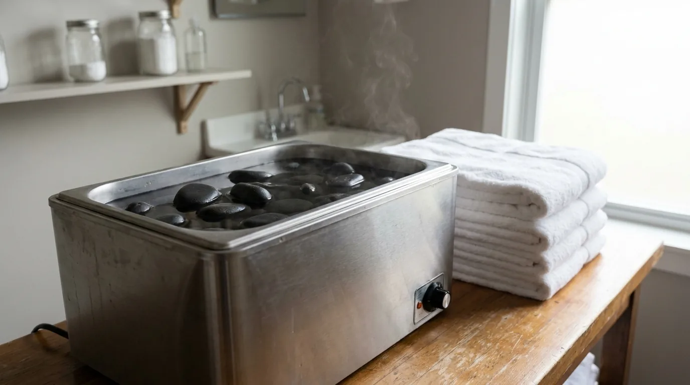 what are the benefits of hot stone massage inline 2 what is hot stone massage: smooth basalt stones warming in a water heater beside folded towels at a Dubai spa