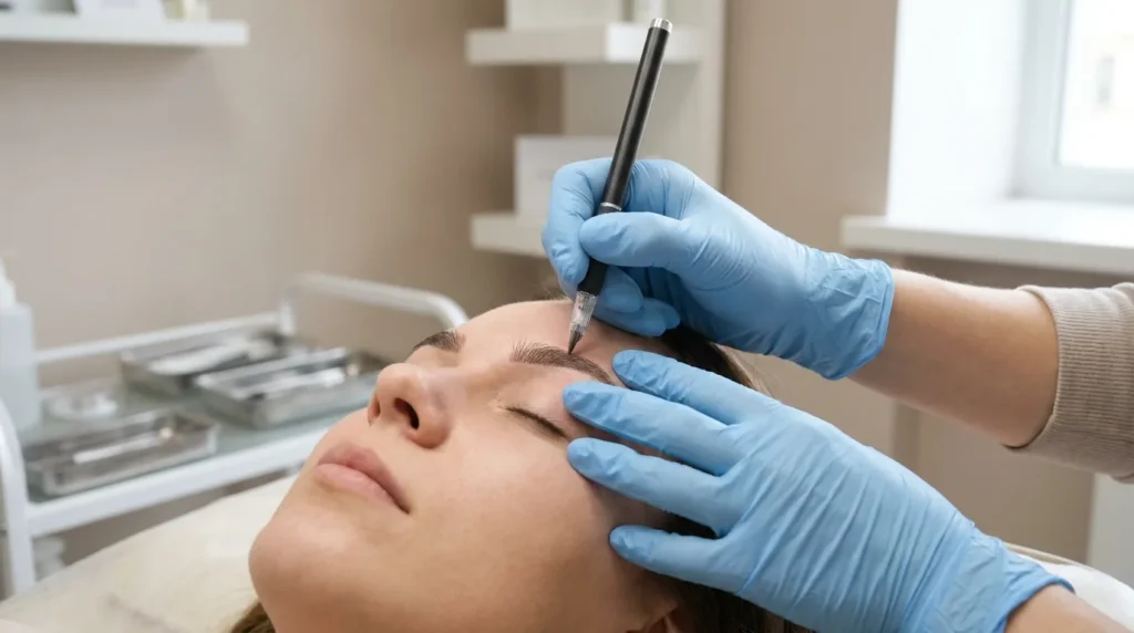 what is microblading facial: gloved practitioner drawing hair-like pigment strokes into a client eyebrow with a manual microblading pen
