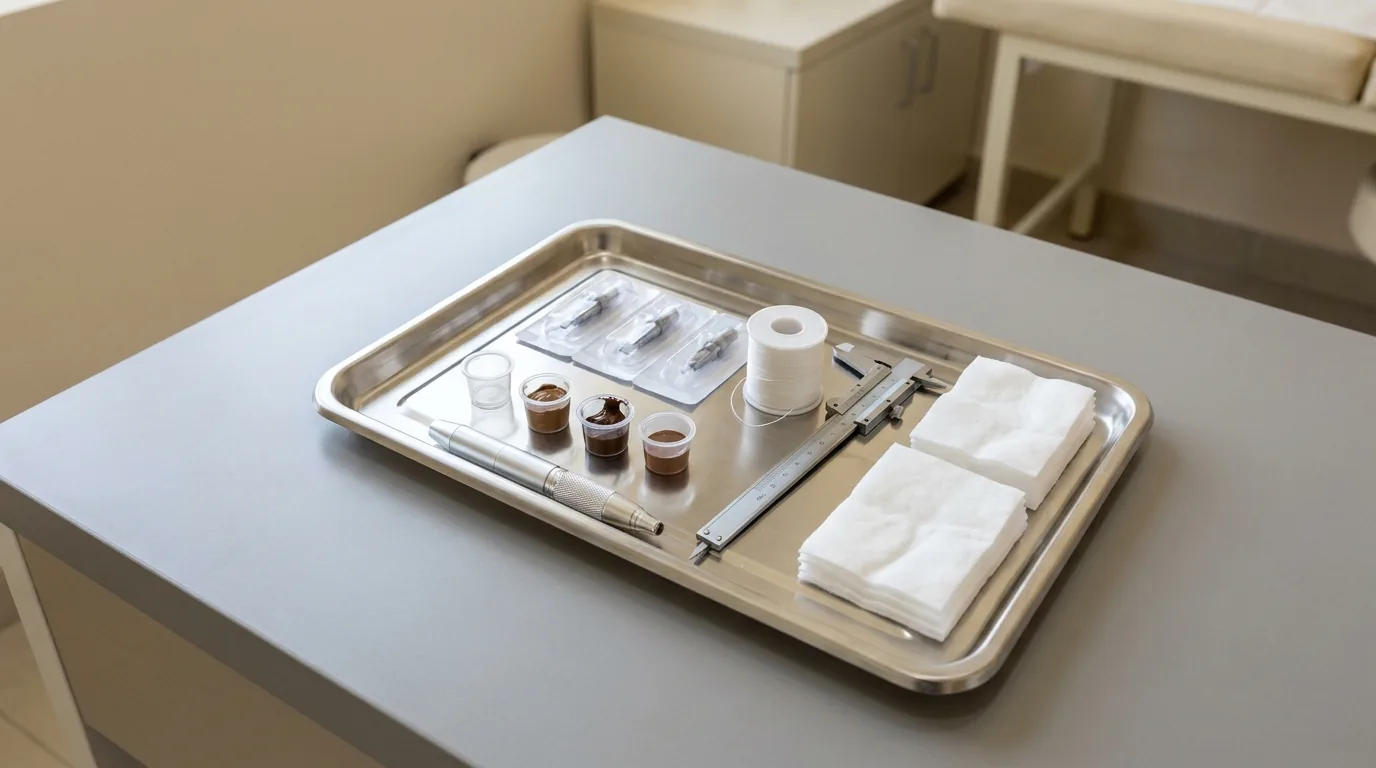 what is microblading facial inline 1 microblading tools on a steel tray: manual pen, sealed blade cartridges, pigment caps and brow mapping thread