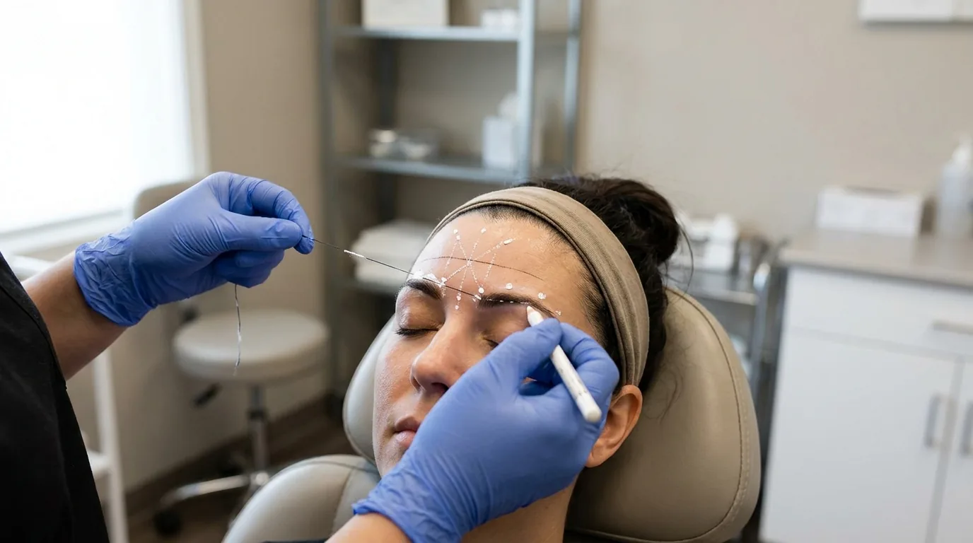 what is microblading facial inline 2 brow mapping step in microblading eyebrows: practitioner marking brow shape with thread and a white pencil