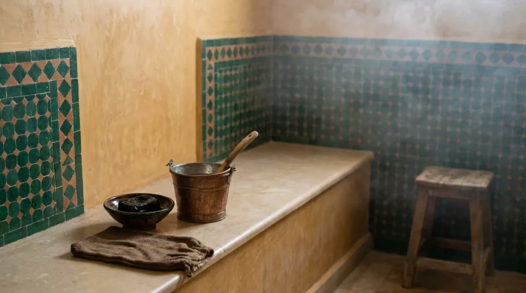 moroccan bath room: green zellige tile, warm stone bench, copper bucket and a bowl of black soap in a traditional hammam