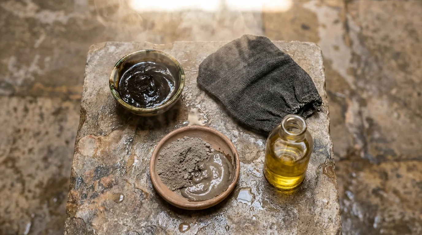 what s a moroccan bath inline 2 beldi black soap, kessa glove, ghassoul clay and argan oil laid out for a moroccan bath