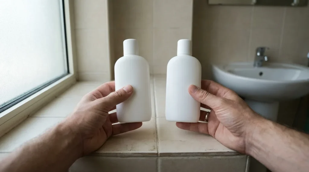 which shampoo is best for dandruff: bare hands comparing two unlabelled shampoo bottles above a bathroom counter