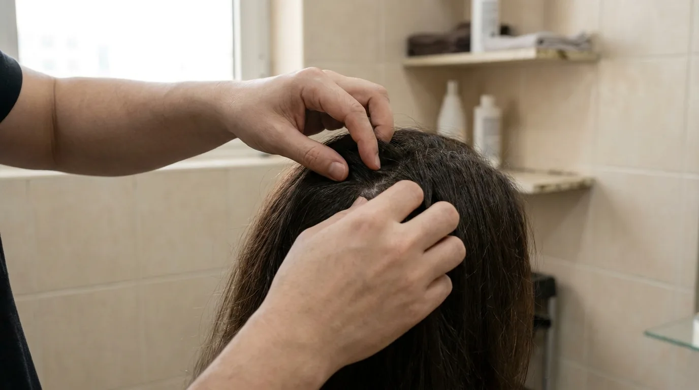stylist parting dark hair to examine a flaking scalp before picking an anti-dandruff active