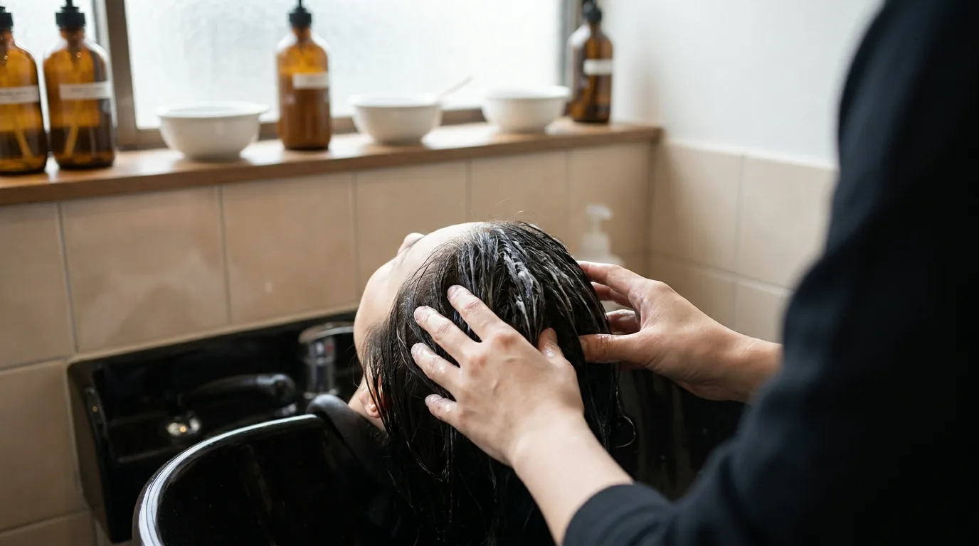 client receiving a professional salon scalp treatment at a wash basin in Dubai