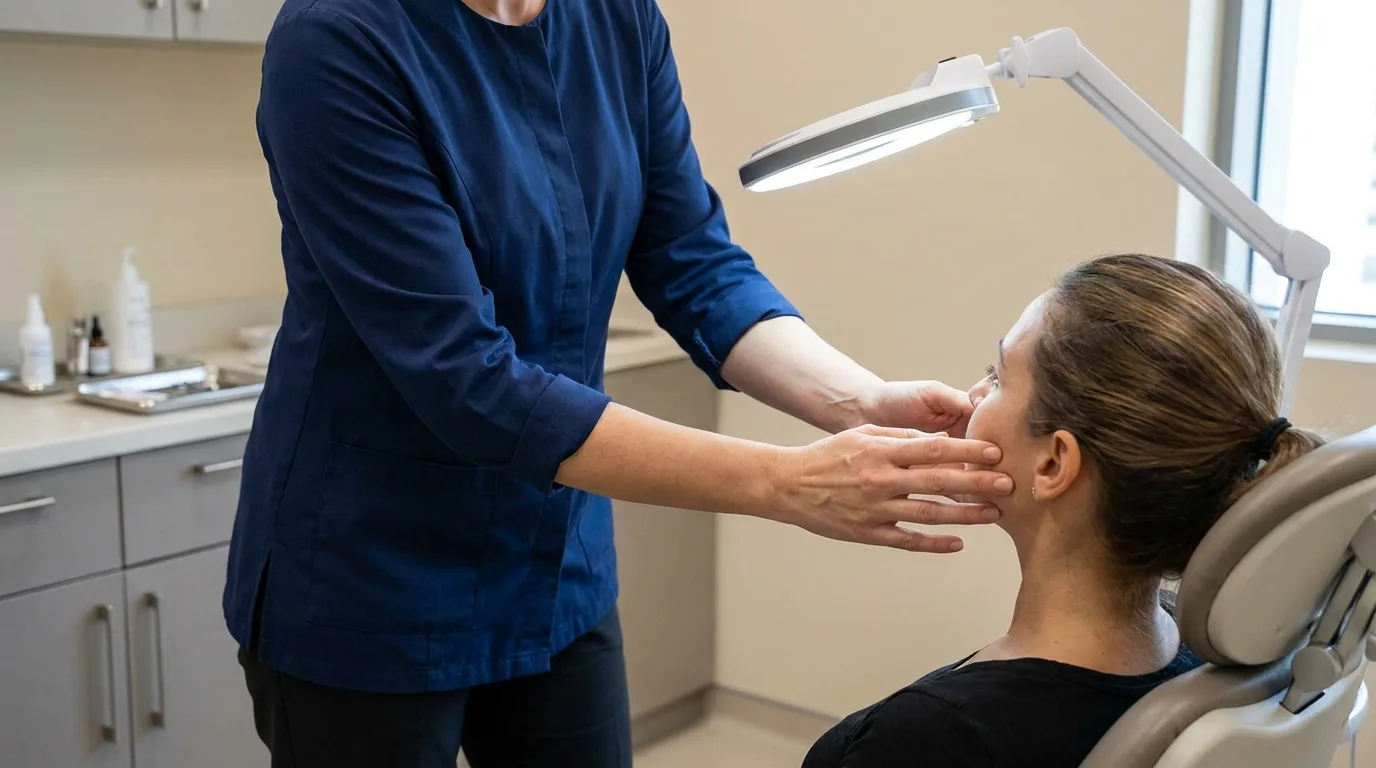 acne scar treatment dubai inline 1 acne scar treatment dubai consultation: dermatologist examining a client's cheek under an angled lamp in a plain clinic room