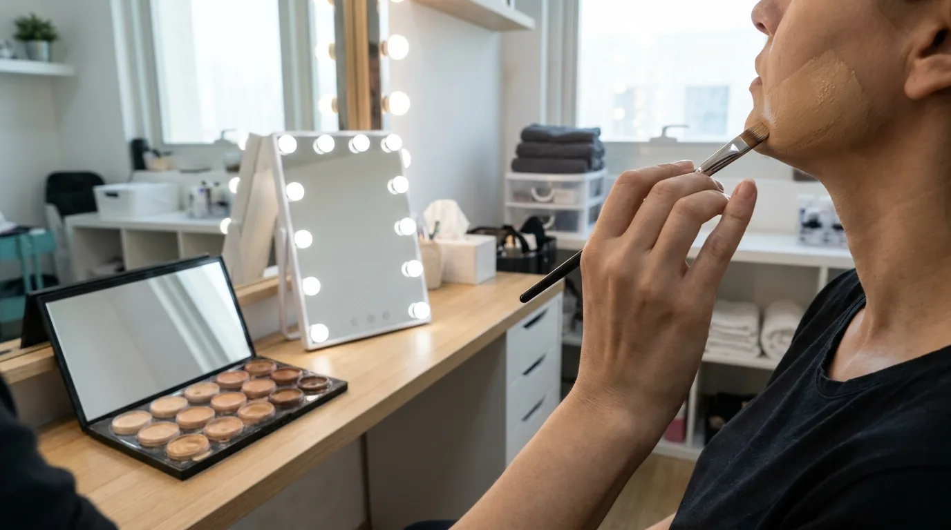 acne scar treatment dubai inline 2 scar camouflage dubai session: makeup artist blending high pigment cream on a client's jawline beside a colour-match palette