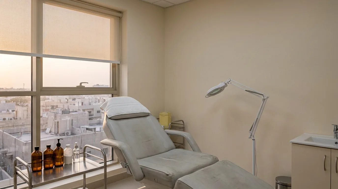 acne treatment dubai inline 1 acne treatment room in a dubai skin clinic with a reclining chair, a magnifying lamp and a product trolley beside a window